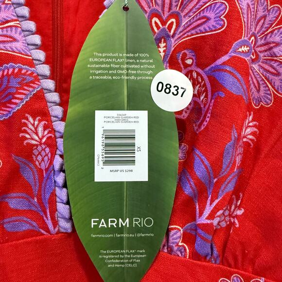 NEW NWT Farm Rio Porcelain Garden Floral Linen Midi Dress Size XS Red - Picture 8 of 8